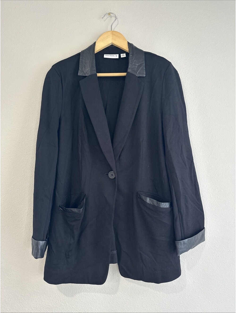 Susan Graver Ponte Knit Blazer with Faux Leather Trim Size 10 Black